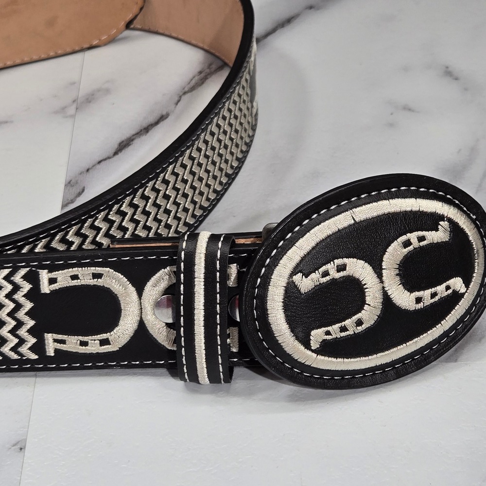 Yak Leather Silk Embroidered Western Belt Black White Horseshoe Size 44 Cowboy - Picture 3 of 5